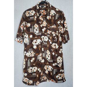 70's Floral Men's Shirt Brown Vintage Groovy Size L Tall Disco Woodstock College
